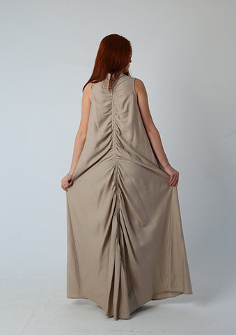 Ruched Maxi Linen Dress  Reversible Sleeveless Linen Dress with Front/Back Adjustable Tie – Beige, Navy, Black, Brown