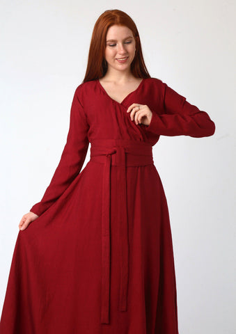 Wrap-Top Linen Maxi Dress with Double Flared Skirt & Wide Belt – 7 Elegant Colors