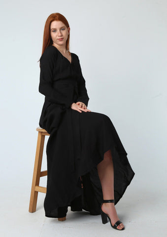 Wrap-Top Linen Maxi Dress with Double Flared Skirt & Wide Belt – 7 Elegant Colors