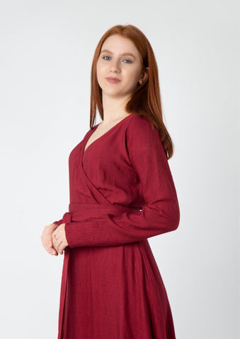 Wrap-Top Linen Maxi Dress with Double Flared Skirt & Wide Belt – 7 Elegant Colors