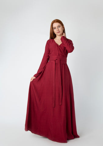 Wrap-Top Linen Maxi Dress with Double Flared Skirt & Wide Belt – 7 Elegant Colors