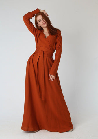 Wrap-Top Linen Maxi Dress with Double Flared Skirt & Wide Belt – 7 Elegant Colors