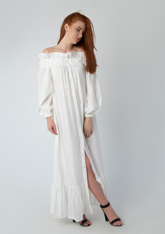 Off-Shoulder Linen Dress with Full Button Closure & Belt – White & Black