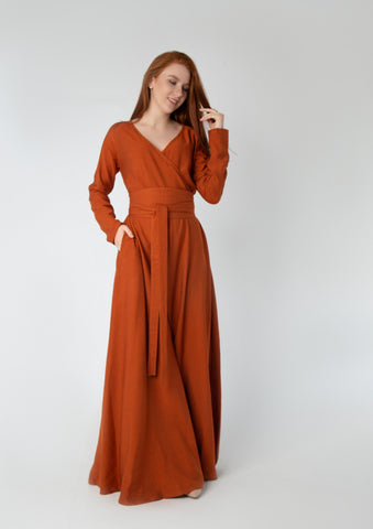 Wrap-Style Linen Dress with Wide Belt & Side Pockets – Loose Fit with Full Sleeves