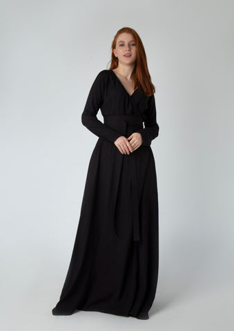 Wrap-Style Linen Dress with Wide Belt & Side Pockets – Loose Fit with Full Sleeves