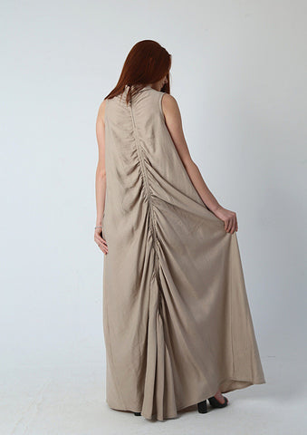 Ruched Maxi Linen Dress  Reversible Sleeveless Linen Dress with Front/Back Adjustable Tie – Beige, Navy, Black, Brown
