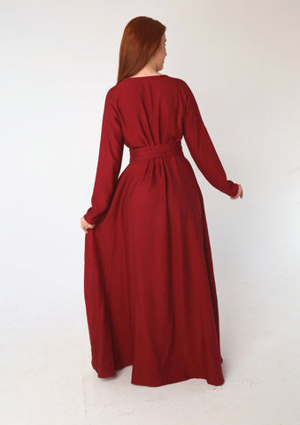 Wrap-Top Linen Maxi Dress with Double Flared Skirt & Wide Belt – 7 Elegant Colors