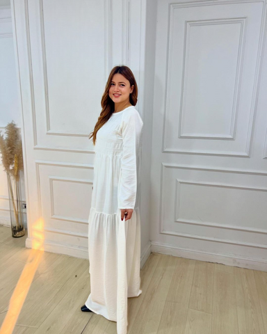 Long Sleeve Maxi Linen Dress - Linen Pocket Dress – White & Khaki