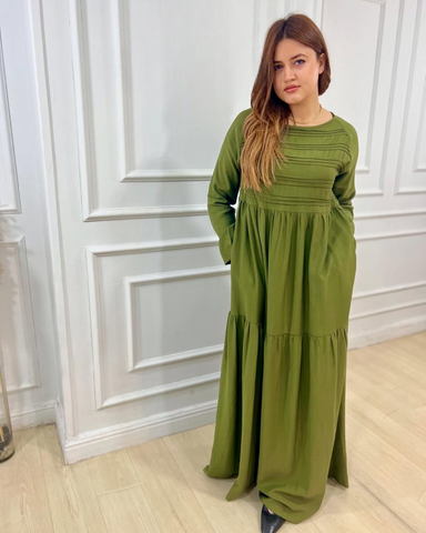 Long Sleeve Maxi Linen Dress - Linen Pocket Dress – White & Khaki